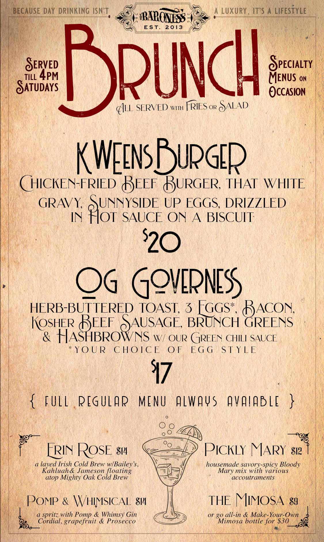 THE BARONESS BRUNCH MENU